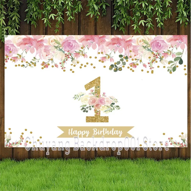 Pink 1st Photo Backdrop Flower Stripe Girls Newborn Baby Happy Birthday Party Decoration Princess Photography Backgrounds Banner