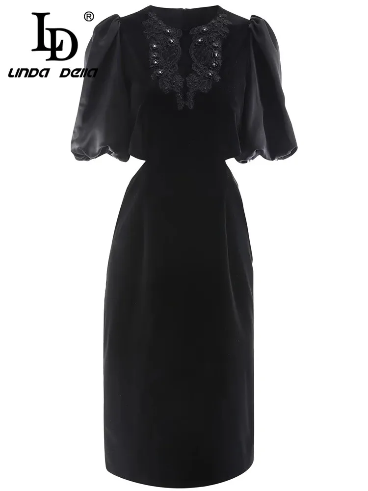 LD LINDA DELLA Fashion Runway Spring Velvet Dress Women Short sleeve Beading Hollow Slim Office Lady Black Pencil Dress