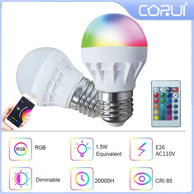 

Беспроводная смарт-лампа CORUI 1,5 Вт с регулируемой яркостью E26 RGB Светодиодная лампа с изменением цвета Bluetooth приложение дистанционное управл...