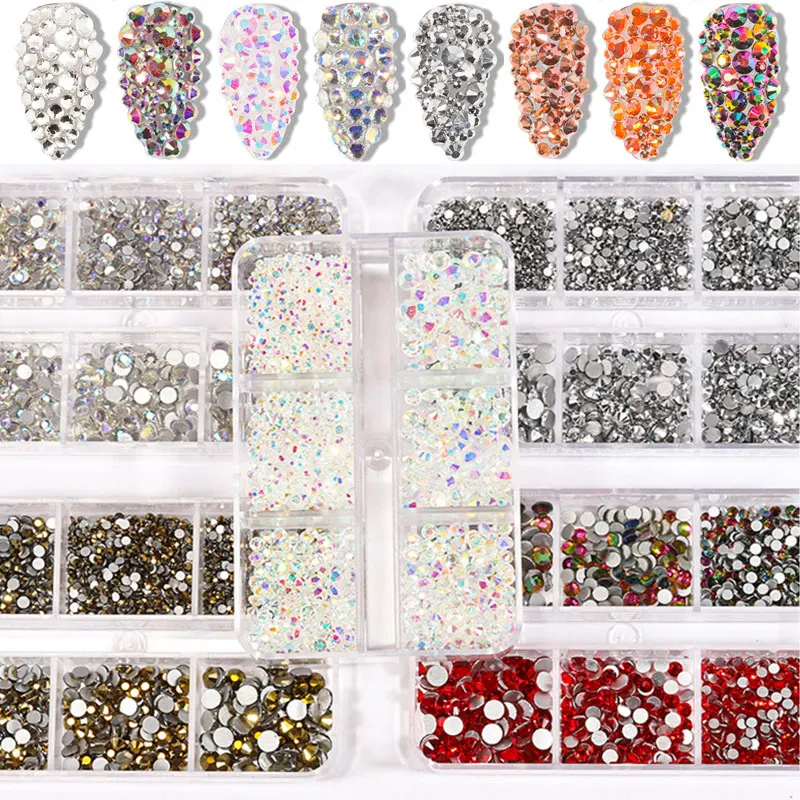 

6 Girds 3D Gems Crystal Nail Art Rhinestone Gold Silver Clear All Color Flat Bottom Mixed Shape DIY Nail Art Design Decoration