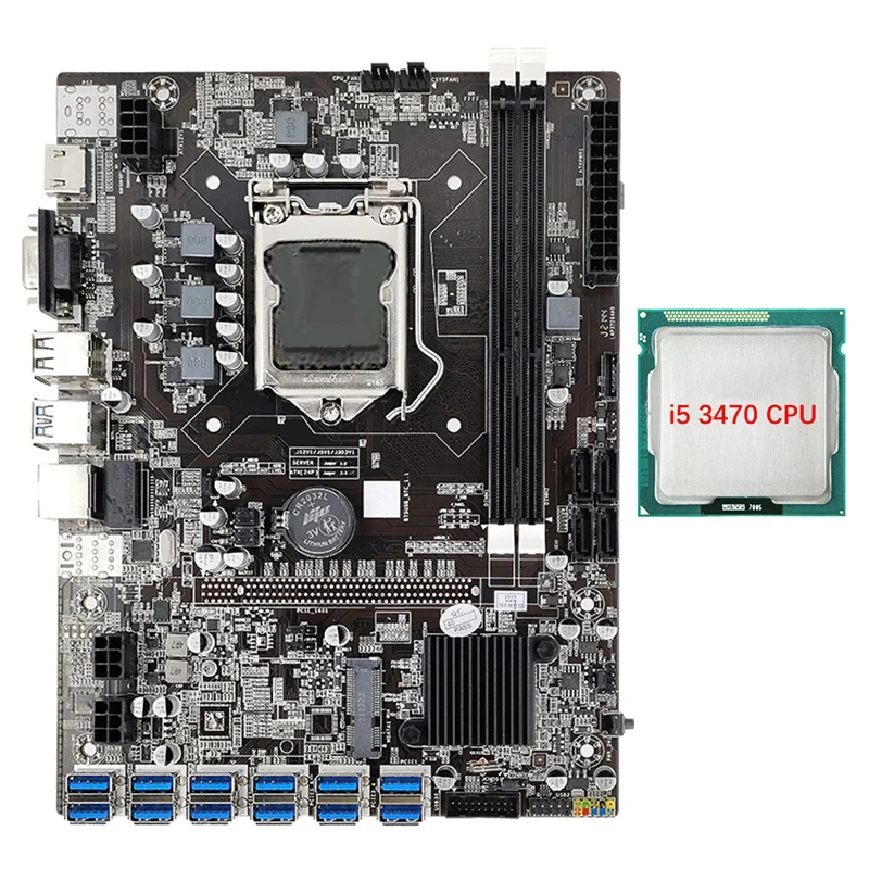 

B75 12 GPU Mining Motherboard+I5 3470 CPU 12 USB3.0 To PCIE 1X Graphics Slot LGA1155 2X DDR3 Memory SATA3.0 For BTC/ETH