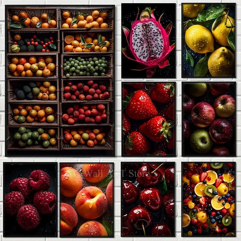 

Colorful Fruit Strawberries Cherries Lemons Poster Print Spices and Spoons Canvas Painting Wall Art Picture For Room Home Decor