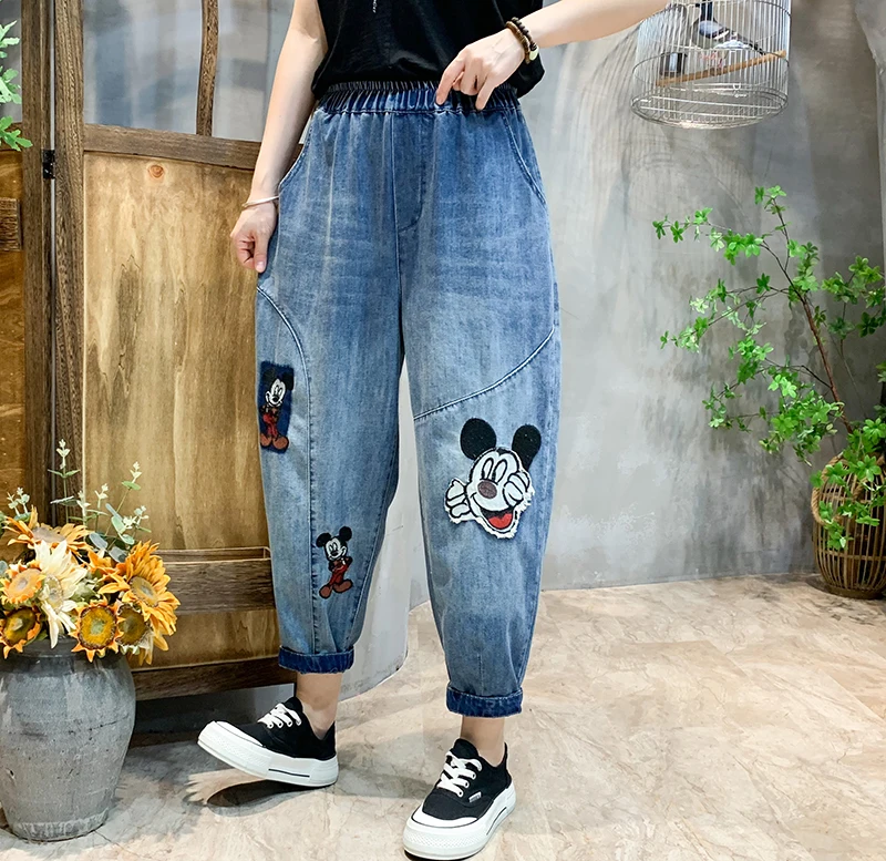 2023 Spring Summer Thin Loose Jeans Women Cartoon Pattern Harem Pants Cropped Pants High Waist Casual Pants Female Baggy Jeans