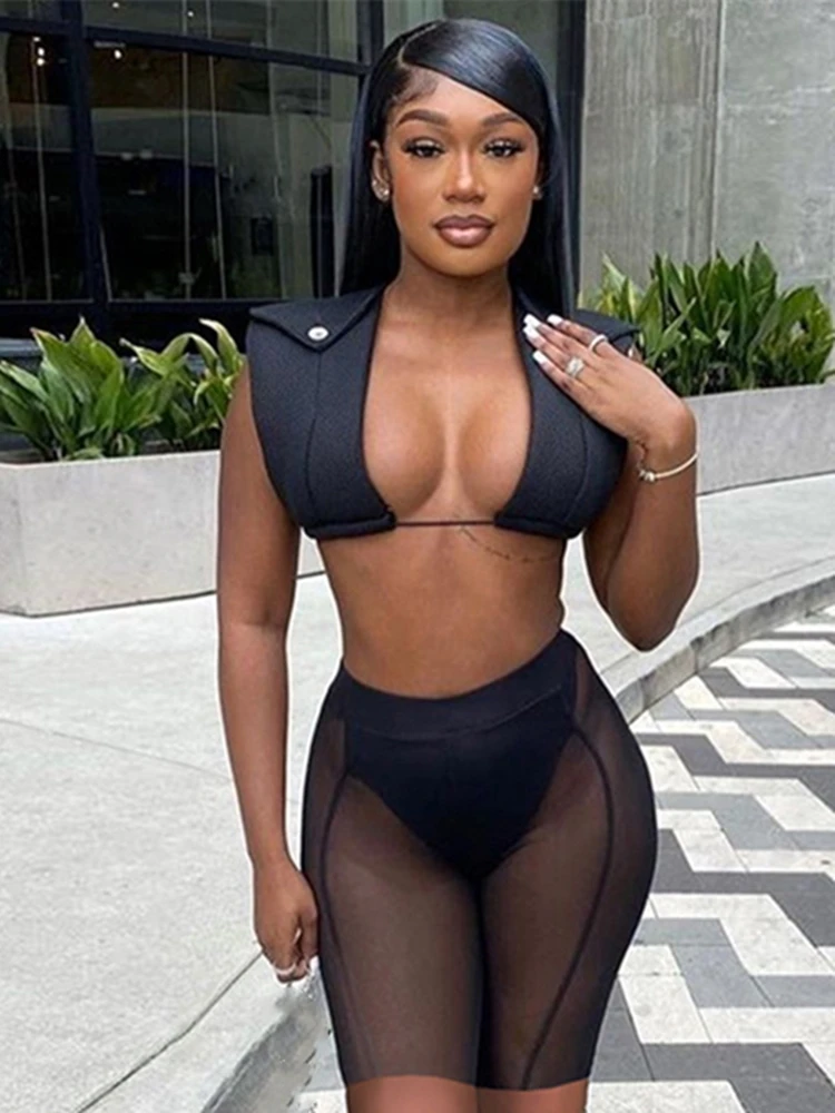 

Sisterlinda Summer Trend 2 Piece Set Women Sleeveless Bandage Tank Top Oversize+Mesh Biker Shorts Clubwear Matching Outfits 2022