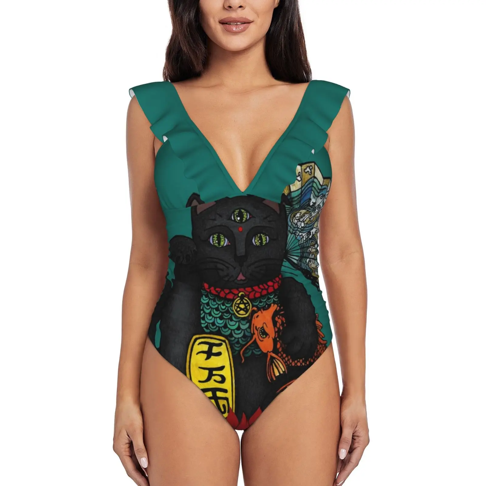 

Женский слитный купальник с рюшами Kitty Lucky Cat, сексуальное боди, монокини, купальный костюм, купальный костюм, черный кот, кот, удача, счастлив...
