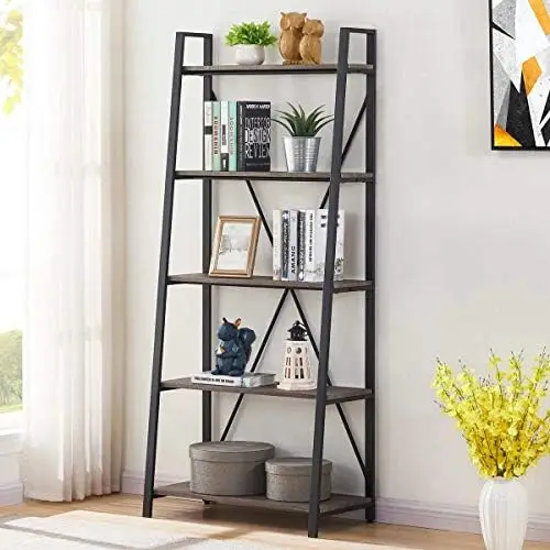 

5 Tier Ladder Bookshelf, Wood and Metal Ladder Shelf Bookcase, Farmhouse Leaning Shelves for Living Room (Vintage Oak) Bogg bag