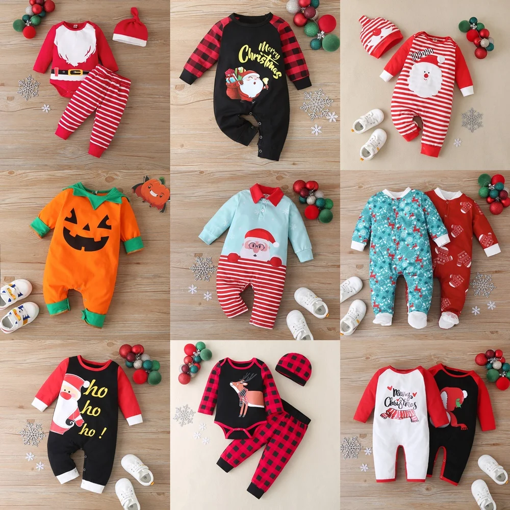 Christmas Winter Baby Boy Clothes Cotton Letter Santa Claus Patchwork Plaid Long Sleeve Baby Bodysuit Baby Girl Clothes 0-18M