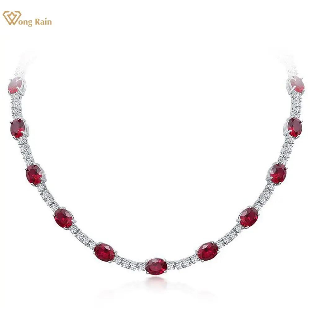 

Wong Rain 100% 925 Sterling Silver Oval Cut 7*9MM Ruby Created Moissanite Gemstone Vintage Chain Necklace For Women Fine Jewelry