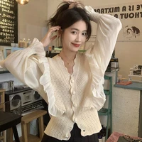 2022 spring new fashion ruffled shirt french style sexy waist long sleeved top women clothing fashion clothes boutiquec lothing