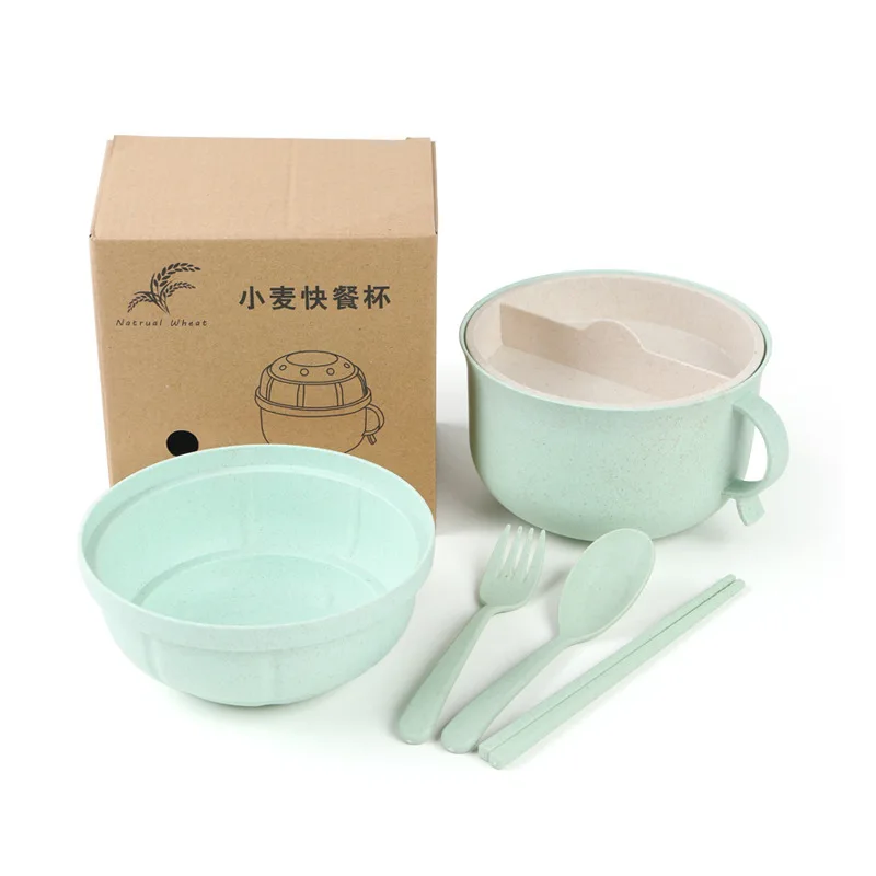 

1 Set Wheat Straw PP Instant Noodles Bowl With Lid Noodle Soup Bowl With Chopsticks Spoon Fork Durable Kitchen Tableware Set