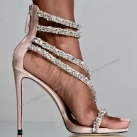 abesire black back zipper crystal sandals women stilettos high heels ankle buckle summer wedding shoes on heels girls sandals