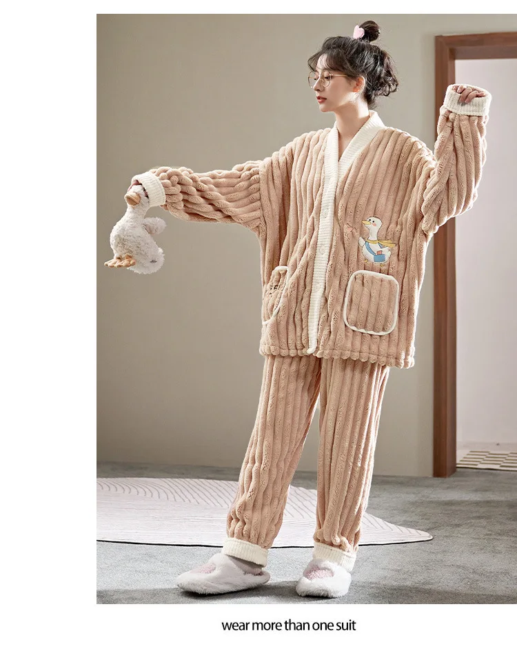 Yasuk Winter Fashion Women's Men Casual Warm Soft Sleepwear Pajamas With Pants Velvet Fleecel Duck Couple Unisex Pocket Coat