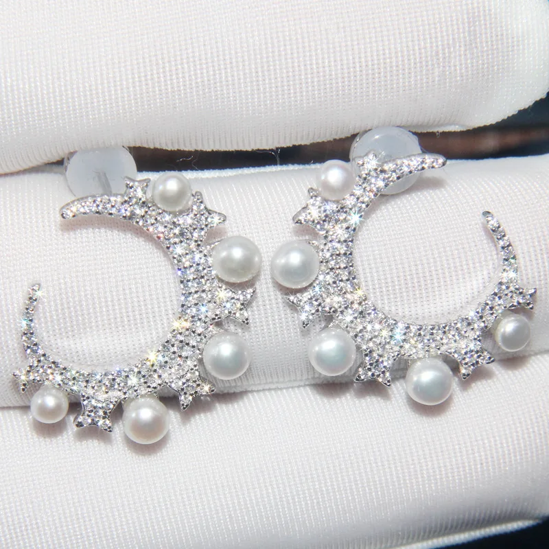 

Sterling Silver Stud Earrings Female Pearl Moon Earrings Personality