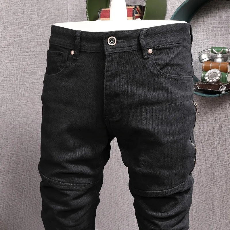 Autumn Black Jeans Men Fashion Slim Fit Straight Pants Streetwear Fashion Patchwork Zip Pocket Cotton Denim Trousers