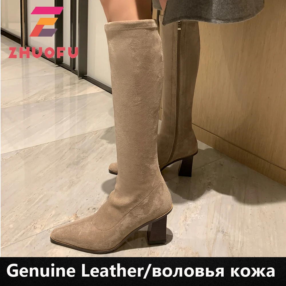 

Женские сапоги до колена ZHUOFU, сезон осень-зима, обувь из натуральной кожи на толстом каблуке, женские длинные сапоги в западном стиле, Размер...