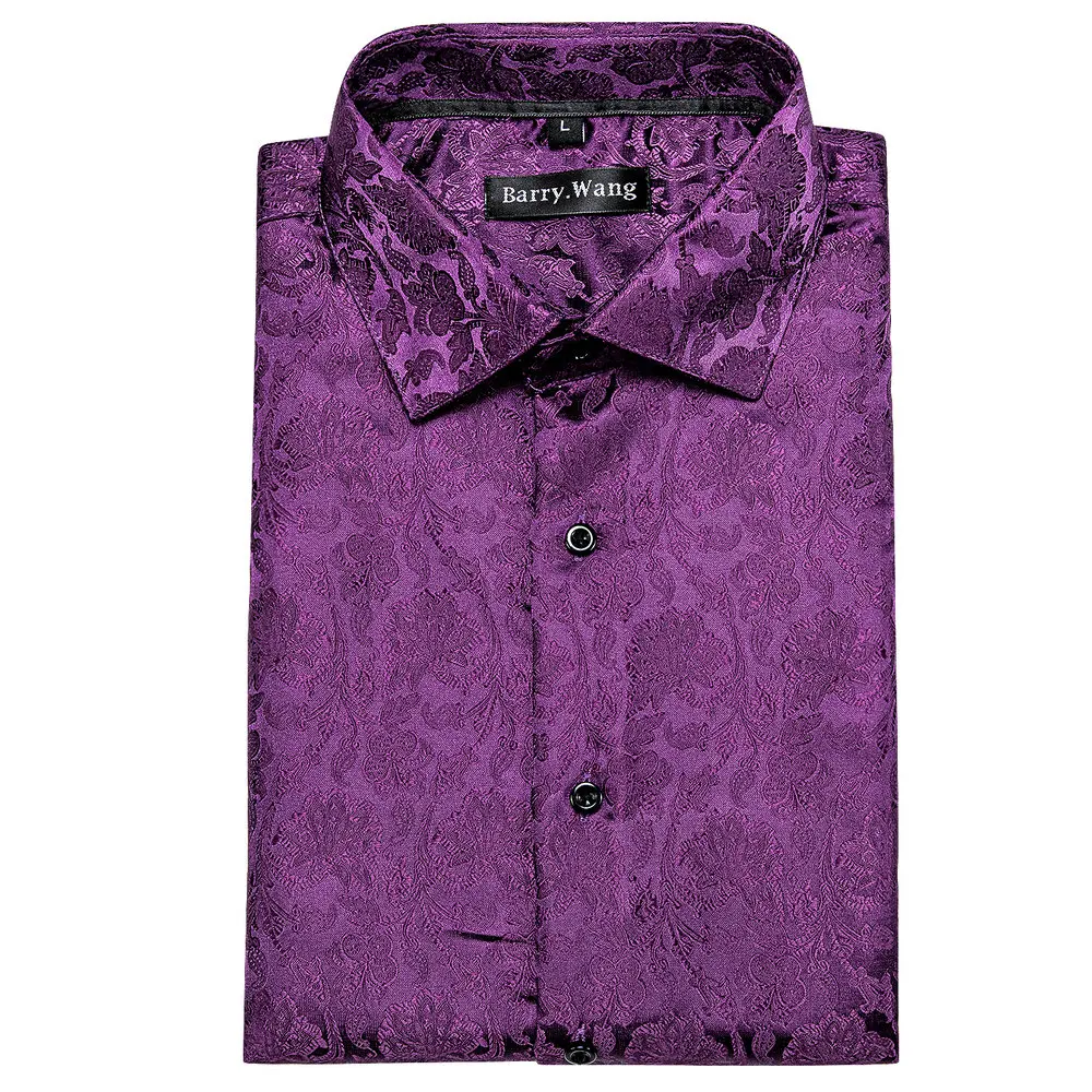 Exquisite Dark Purple Flower Long Sleeve Polyester Mens Shirt Autumn Fashion Casual Jacquard Lapel Pattern Business Barry.Wang