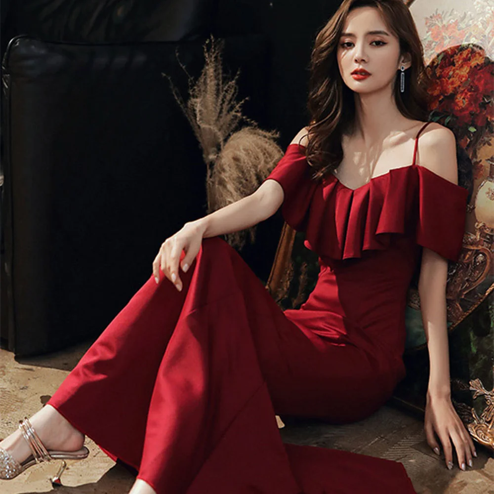 

Vkiss 2022 Spaghetti Strap Burgundy Mermaid Evening Dresses Sleeveless Ruffles Taffeta Elegant Party Prom Gowns Robe De Soiree