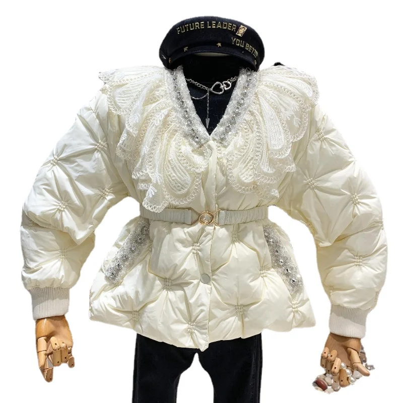 2022 Winter Parka Women New Heavy Industry Luxury Rhinestone Embroidered Lace Stitching Loose Cotton-Padded Coat Lady Overcoats