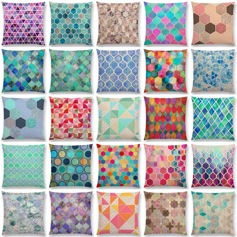 

Rainbow Geometric Polygon Decorative Pattern Colourful Crystal Cubes Bohemian Hexagon Car Cushion Cover Sofa Linen Pillow Case