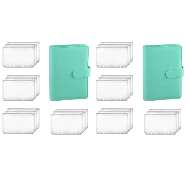 

NEW-2X A6 Binder Planner Green Notebook Binder And 24 Pieces 6 Hole Binder Zipper Folder,Binder Pockets Cash Envelope Wallet