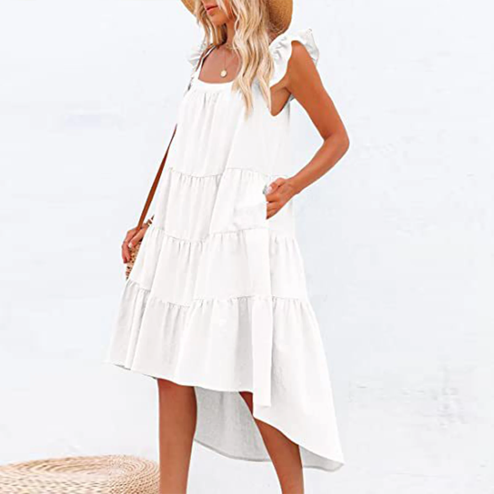 

Ladies Ruffle Maxi Dress Square Neck Cotton Pleated Long Dress Loose Fit Solid Color Young Girl Style Holidays Vacation