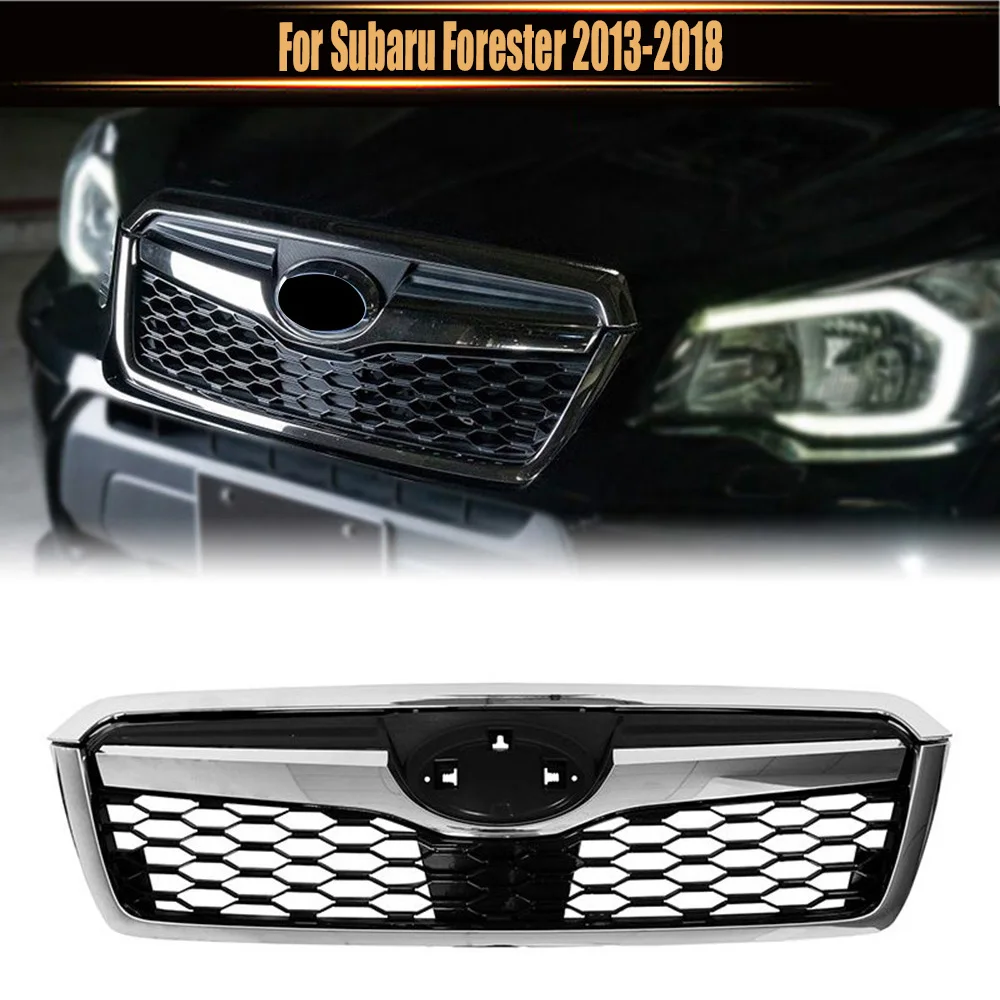 

For Subaru Forester 2013-2018 Upper Bumper Grille Racing Grills GLoss Black W. Chrome Frame ABS Sti Style Front Grill Mesh Kit