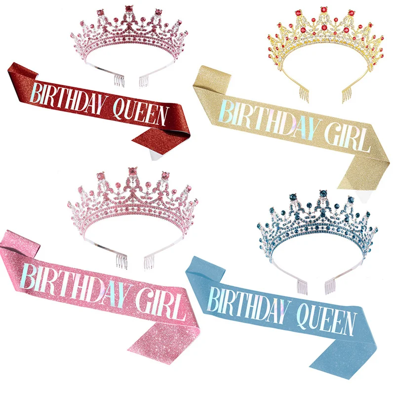 

Women Birthday Girl Queen Satin Sash Crystal Crown for Lady Birthday Decorations Adult 18 21 30 50 Birthday DIY Party Supplies