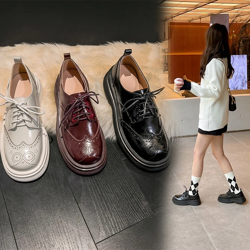 

2022 Spring/Autumn Women Shoes Round Toe Chunky Heel Shoes Split Leather Shoes Women Lace up Brogues Casual Solid Platform Shoes