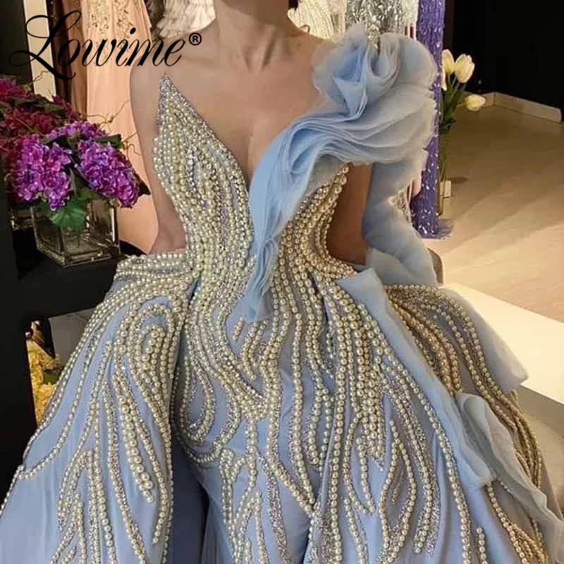 

Lowime Saudi Arabia Blue Long Sleeve Women Evening Dresses Mermaid Pearls Dubai Arabic Party Dress Kaftan Abaya Formal Prom Wear