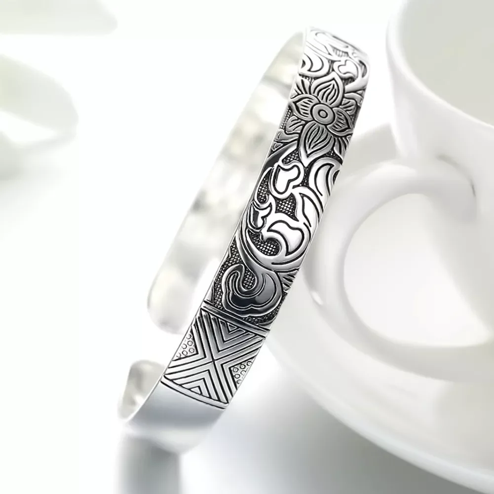 

Fashion 925 Stamp Silver Color Woman Lucky Cuff Bracelet Lotus Flower Bangle Girls Party Jewelry Gifts
