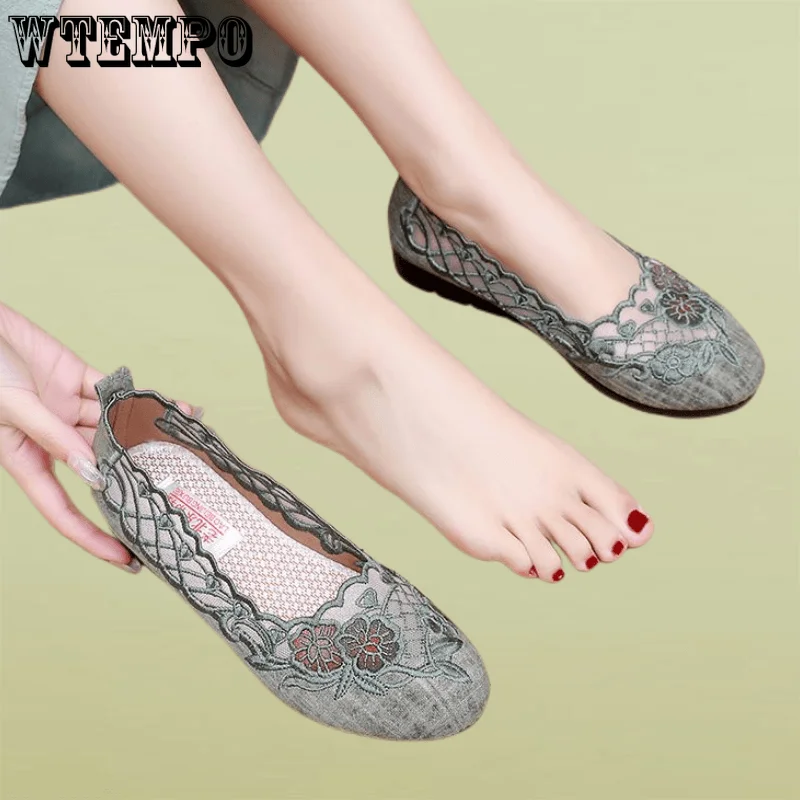 

WTEMPO Women's Floral Hollow Out Shoes Embroidery Retro Casual Feetwear Classic Flats Vulcanize Shoes Wholesale Dropshipping