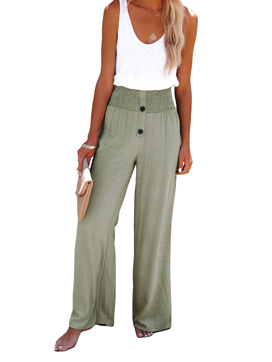 

Women Casual Wide Leg Pants Solid Color Shirred Buttons High-Waisted Straight-Leg Loose Trousers