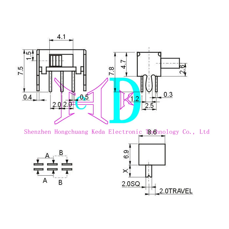 Маленький тумблер SK22D07 высота ручки 2-6 мм 2 ряда передачи 2P2T 6 контактов