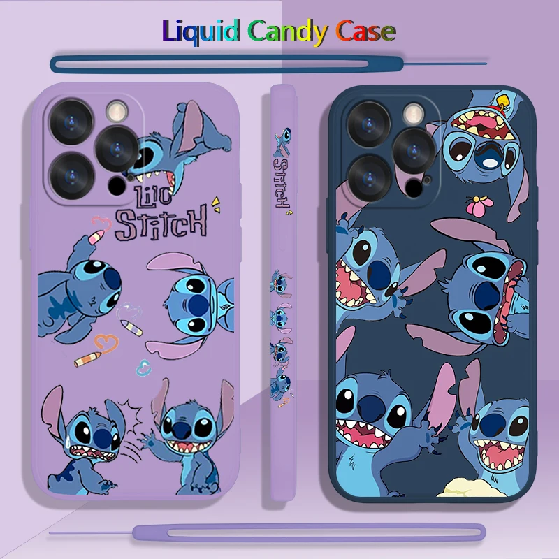 

Disney cartoon pet Stitch For Apple iPhone 14 13 12 11 Pro Max Plus XS XR X 8 7 SE Liquid Left Rope Phone Case Capa Cover