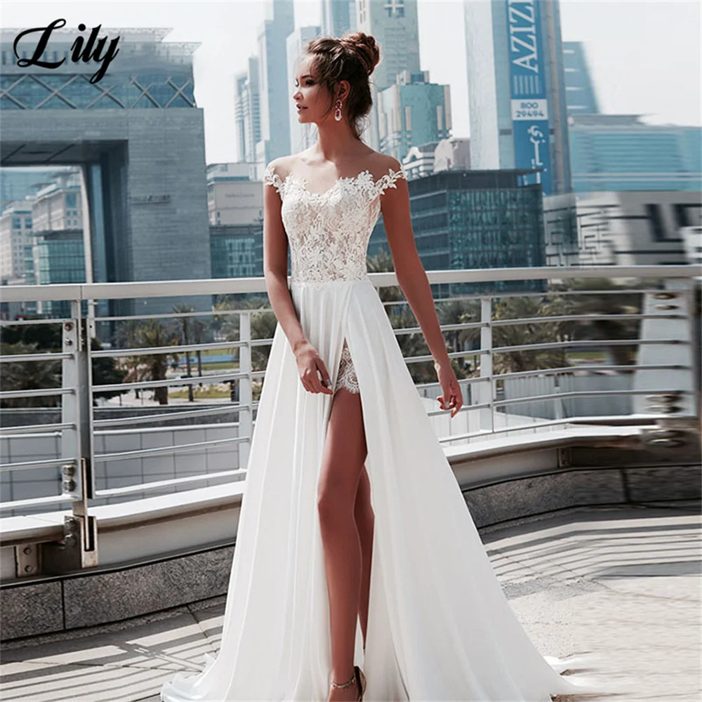 

Винтажное свадебное платье, Пляжное шифоновое простое платье невесты с глубоким круглым вырезом и кружевной аппликацией, с рукавом-крылышком, модель 2023 года