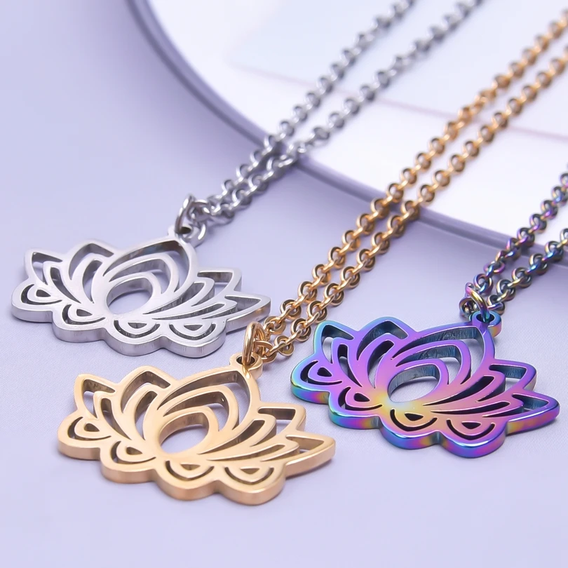 

Lotus Flowers Pendant Necklace Stainless Steel Necklaces For Women Men Accessories Chain On The Neck Fashion Jewelry Choker Gift