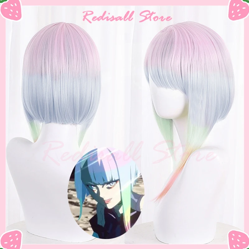 

Киберпанк Edgerunners Косплей Люси парик Lucyna Kushinada короткие прямые волосы многослойный розовый синий повязка аниме Бесплатный парик Кепка