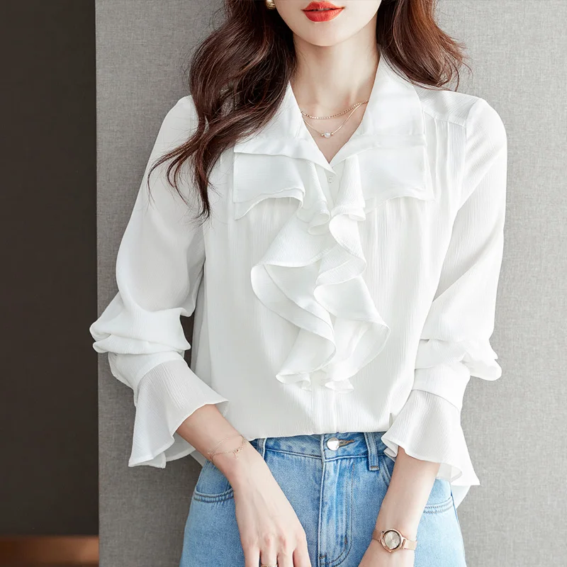 

Casual Loose Women Shirts White Elegant Women's Tops New Fashion Ruffles Long Sleeve Women Blouse Button Up Woman Clothes 28768