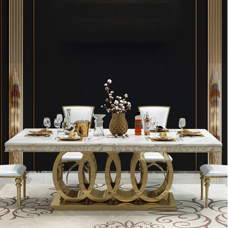 

Post-Modern Marble Top-Grade Dining Table And Chairs Combination Stainless Steel Top Crown Apartment Golden Carved Furniture