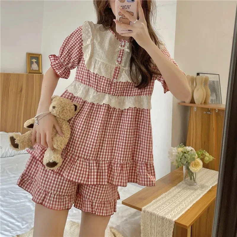 CAIYIER Korean Red Grid Print Summer Pajamas Set Sweet Girls Kawaii Nightwear Lace Chic Short Sleeve Shorts Sleepwear Home Suit