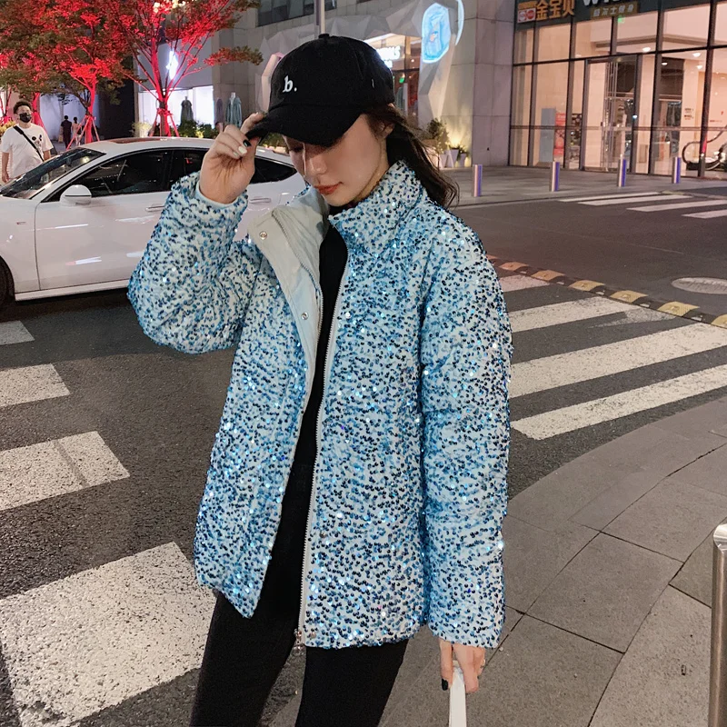 Sequins Design Puffer Jackets for Women Winter Clothing Teenage Girls Bubble Coats Korean Fashion Trends Bling Bling Streetwear