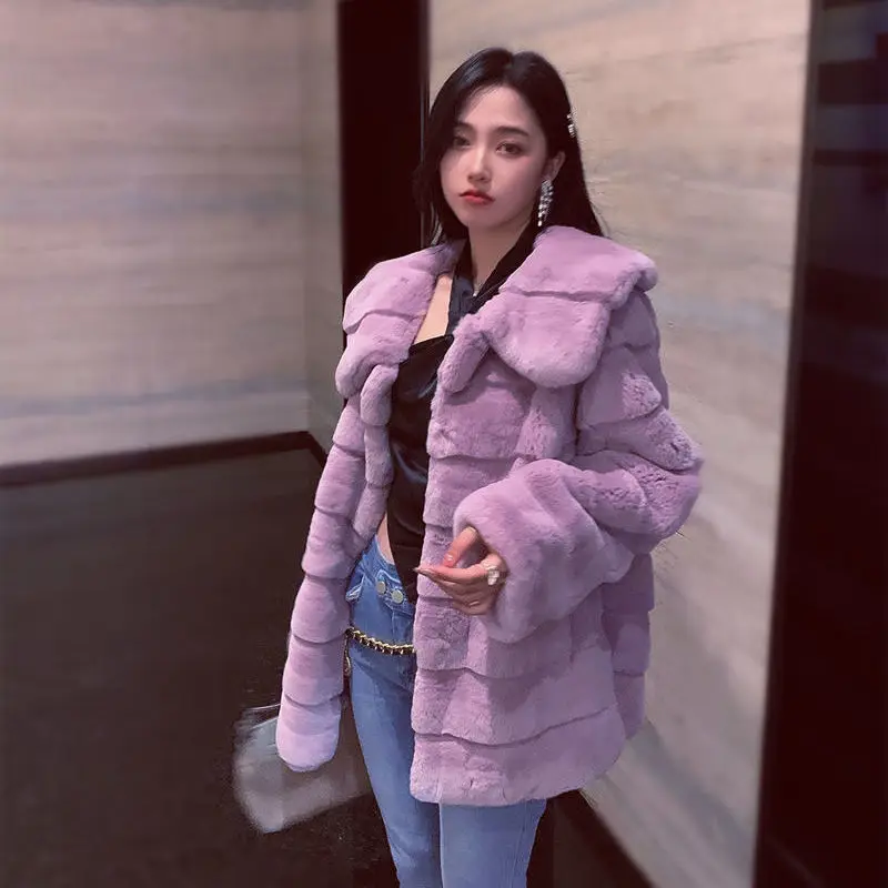 Women's Leather Fur Coat Autumn and Winter Imitate Rex Rabbit Fur Fur Coat Women's Mid-Length Slim-Fit Fur Coat Faux Fur Coat