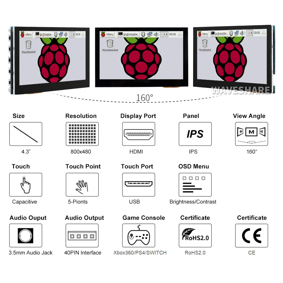 Емкостный сенсорный экран Waveshare 4 3 дюйма HDMI LCD (B) разрешение 800 × 480 IPS дисплей для