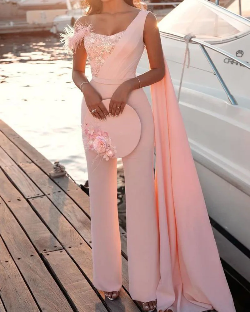 Ladies Elegant Sequined Prom Jumpsuit 2022 New Feather Sequins Decorative Tight Pants One Shoulder Sleeveless Pink Party Costume