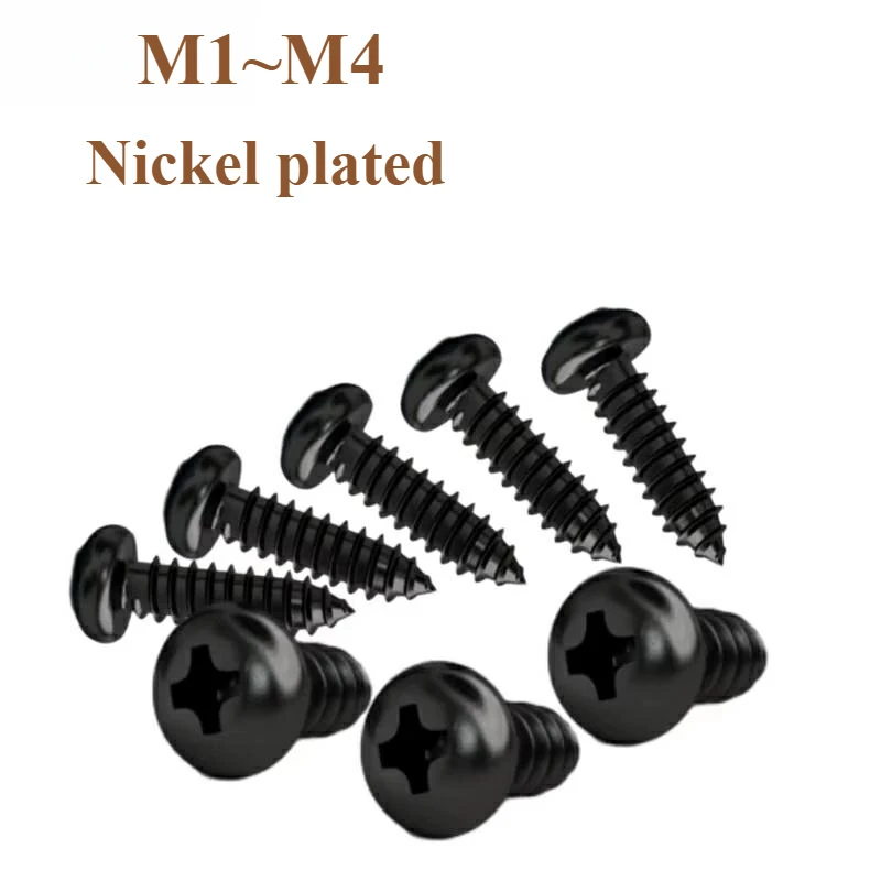 

M1 M1.2 M1.4 M1.7 M2 M2.6 M2.8 M3 M3.5 M4 Черный никелированный саморез из углеродистой стали с крестообразным шлицем и круглой головкой