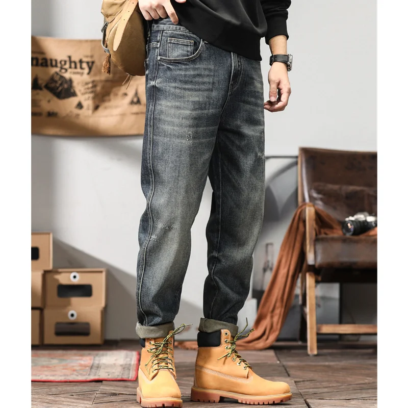 Men Clothing Pattern Vintage Recreational Blue Pants Straight Cylinder Comfortable Loose Jeans Autumn and Winter Female 2022 New