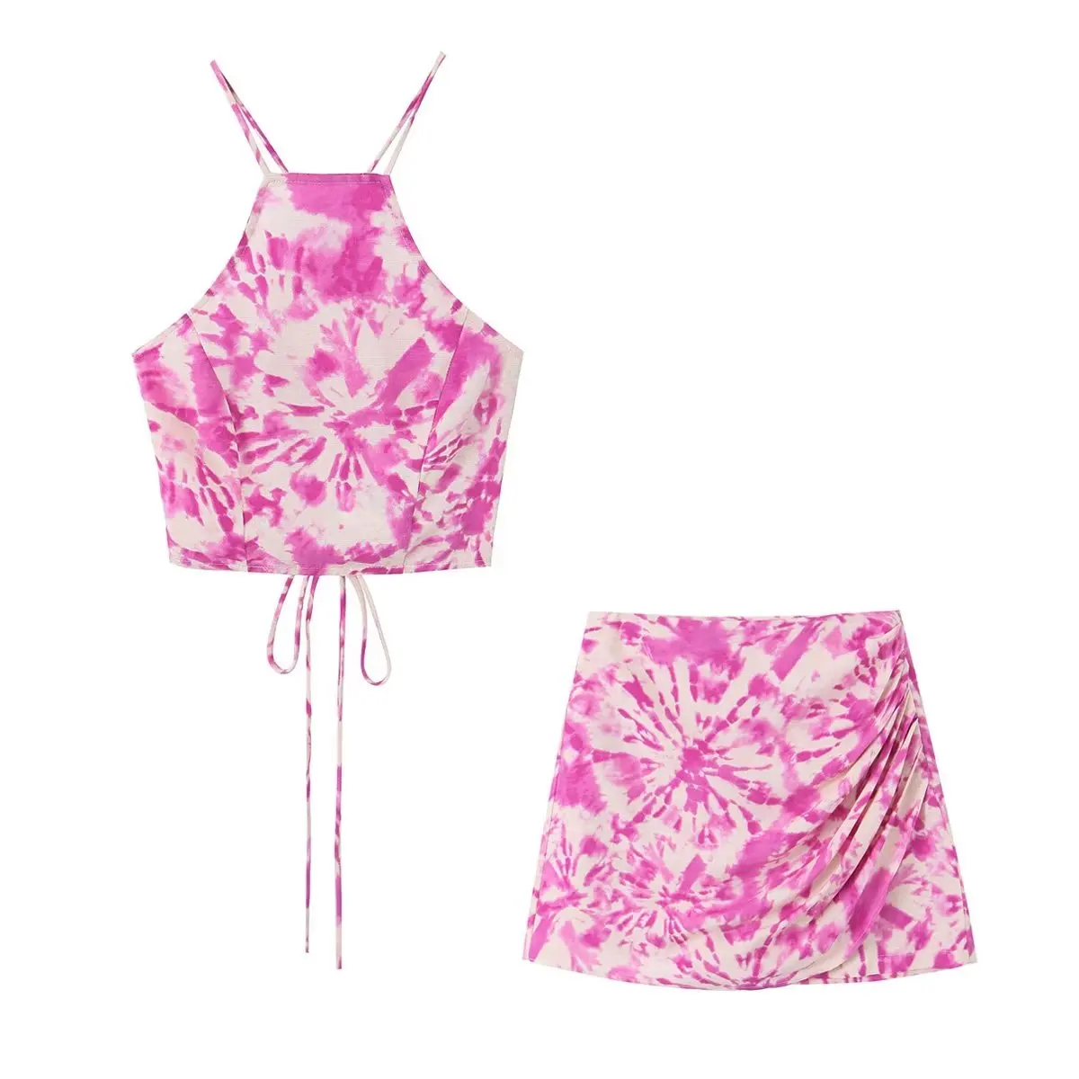 

Set Women 2 Pieces 2023 New Fashion Summer Tie-dyed Neck Collar Tops Vintage Tie-dyed Casual Shorts Female Chic