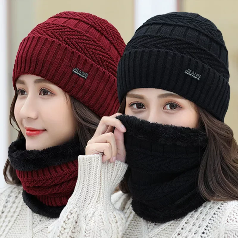 Women's Knitted Hat Scarf Caps Neck Warmer Winter Hats For Men Women Skullies Beanies Warm Fleece Cap 6 Colors