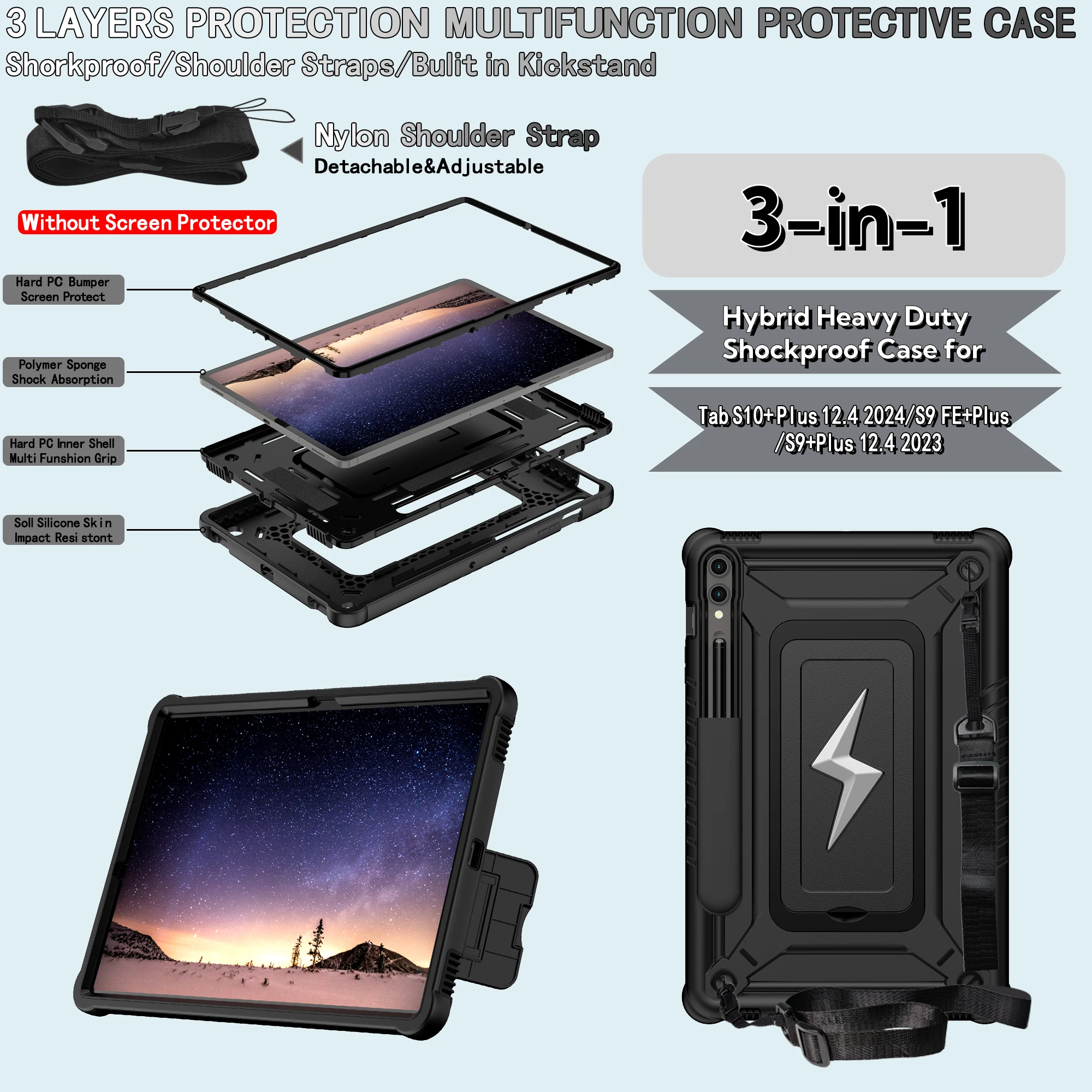 Фото Универсальный гибридный чехол для Galaxy Tab S10 S9 FE Plus 12,4 дюйма SM-X820 X826 X810 X816 X610 X616, чехол-подставка с плечевым ремнем №2