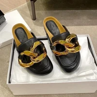 2022 women fashion mules slipper low heels casual slides flip flop round toe new brand design gold chain commute leisure shoes